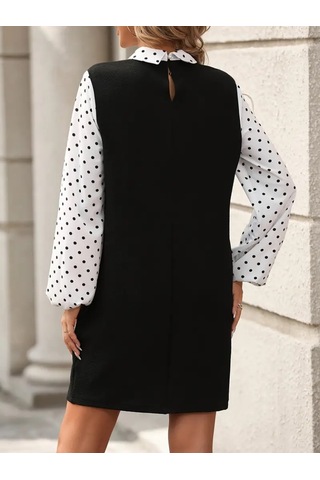 Kadın Yakalı Kol Ve Yaka Puantiyeli Uzun Kollu Krep Elbise Siyah