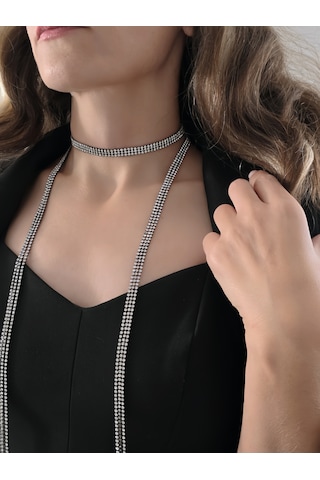 Gümüş Kaplama Siyah Üç Sıralı Su Yolu Şal Model Kolye Siyah