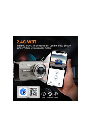 4k Ultra Hd Wifi Araç Kamerası Ön 4k Arka 1080p 7/24 Park Modu G-sensör Park Kiti Hediye