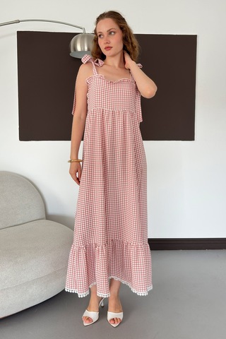 Verymoda Kadın Pötikare Desenli Askı Bağlama Detaylı Maxi Elbise D3108 Pudra