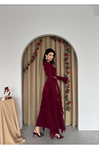 Nils Butik Fırfır Detaylı Abiye Elbise Bordo