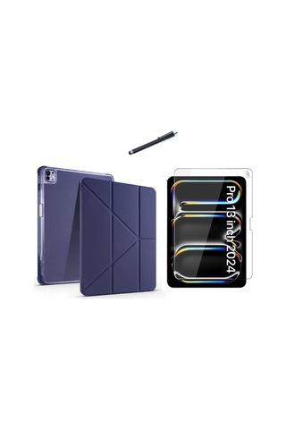 Apple Uyumlu iPad Pro 13 2024 M4 A2925-a2926 Tri Fold Kalemlikli Tablet Kılıfı Ekran Koruyucu Ve Kalem