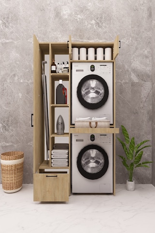 Mdf Çamaşır Makinesi Ve Kurutma Makinesi Dolabı Ütü Masalı Ahşap Lefkas Meşe