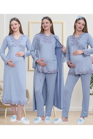 Mecit Pijama Mecit 1519 Bayan Hamile Lohusa Mavi Sabahlık Gecelik Pijama Seti
