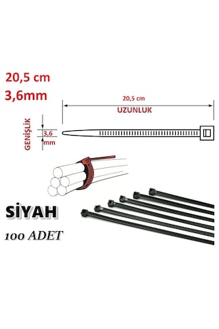 100 Adet 20cmx3,6mm Siyah Plastik Cırt Kelepçe Kablo Bağı