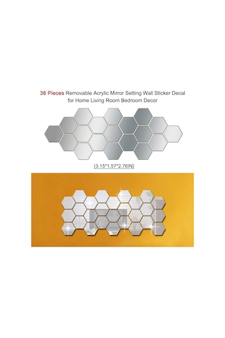 Fosenze Kendinden Yapışkanlı 36 Adet Akrilik Ayna Çıkartma - Parlak Gümüş Renkli Dekoratif Duvar Sticker Gümüş