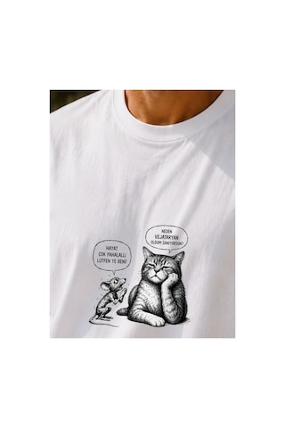 Qmen Style Unisex Beyaz Oversize Baskılı T-shirt Espirili Kedi Baskılı %100 Pamuk