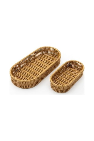 Deinhaus Oval Hasır Örgü Dekoratif Sepet Tepsisi, Doğal Renk, 2'li Set, Büyük 28x10x5 Cm, Küçük 24x9x5 Cm Diğer