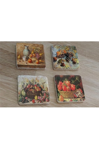 Natürmort Meyveler Doğal Taş Bardak Altlığı 4'lü Set - Natural Stone Coasters - Taş Çok Renkli