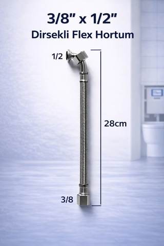 Gömme Rezervuar Fleks Hortum Dirsekli 3/8 X 1/2 Çelik Örgülü Bağlantı Hortumu 28 Cm Gri