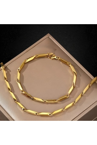 Çelik Takı Seti Bileklik Kolye Titanyum Melon Düz Model 3 Mm Kalınlık 22-55 Cm Uzunluk Altın Sarısı Gold Altın