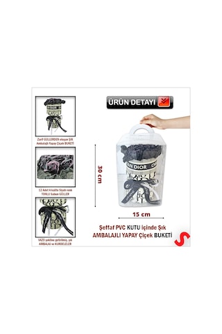 Pvc Kutulu Özel Siyah Lüks Yapay Gül Buketi - 30cm X 15cm