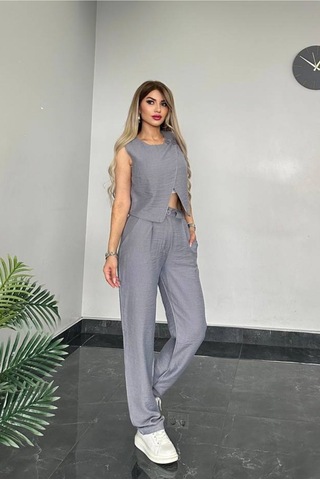 Tane Tasarım Kadın Gabardin Kumaş Alt Üst Takım Yelekli Takım Gri Gri