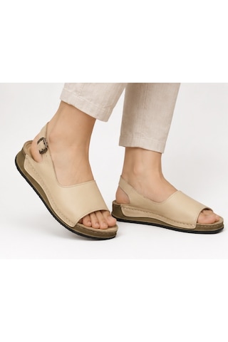 N Napa Shoe Np.306.bej Napa Shoe Hakiki Deri Kadın Sandalet Günlük Ortopedik Konforlu Tokalı Bej Yazlık Sandalet