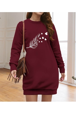 Nnstartshopping Kadın Uzun Kollu Bisiklet Yaka Desenli Viskon Iki Iplik Elbise Bordo