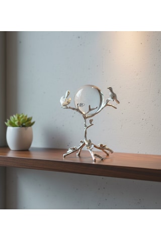 Furkan Metal Dekoratif Ayaklı Kuşlu Küre Güümüş Obje 1