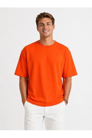 Vasto Moda Erkek Oversize Kalın Dokulu %100 Organik Pamuk Bisiklet Ribana Yakalı Turuncu T-shirt