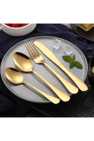 Premium Paslanmaz Çelik Çatal, Kaşık Ve Bıçak Seti Modern Gold Renk 4 Parça