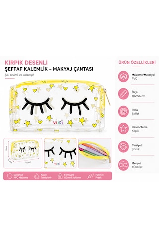 Vuki Kirpik Desenli Şeffaf Kalemlik Çocuk Kalem Kutusu Pvc Makyaj Ve Kozmetik Çantası 18x9x6 Cm Çok Renkli