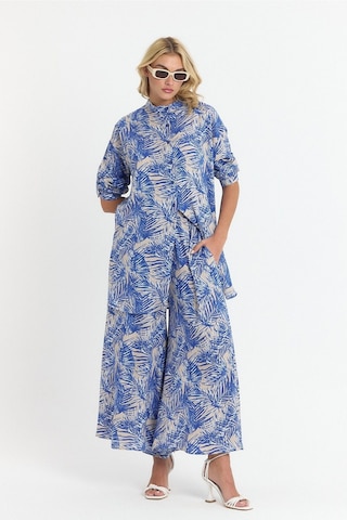 Schık Kadın Viskon Rahat Bol Paça Truvakar Kol Önü Düğme Baskılı Takım Saks