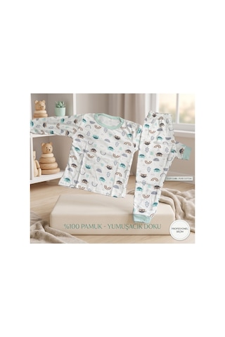 Deniva Kids Erkek Çocuk %100 Pamuklu Sevimli Hayvan Desenli Uzun Kollu Pijama Takımı Ekru