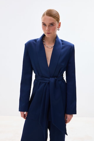 Sateen Kuşaklı Saten Ceket - Lacivert-137009 Lacivert