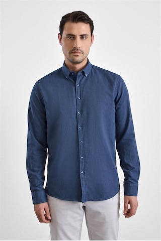 Süvari Lacivert Slim Düğmeli Yaka Düz Cepsiz Casual Gömlek Gm2025500498-m09