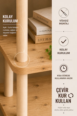 Tridihome 5 Katlı Kolay Kurulum Çok Amaçlı Raf Ünitesi Salon Ofis Çocuk Odası Doğal Ahşap Kitaplık Natural Ahşap
