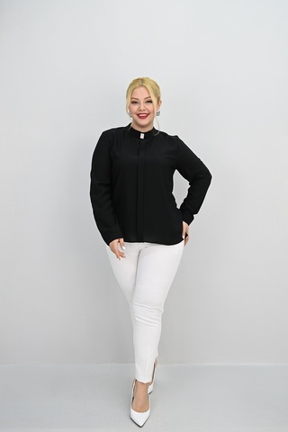 Kadın Büyük Beden Hakim Yaka Taş Broş Detaylı Bluz 0034-25 Siyah