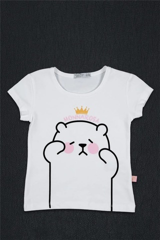 Kız Çocuk Beyaz Prenses Ayıcık Detaylı Monna Rosa Yazılı Tişört Beyaz