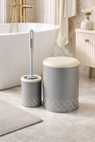 Geometrik Zikzak Desenli 2'li Banyo Seti Gri