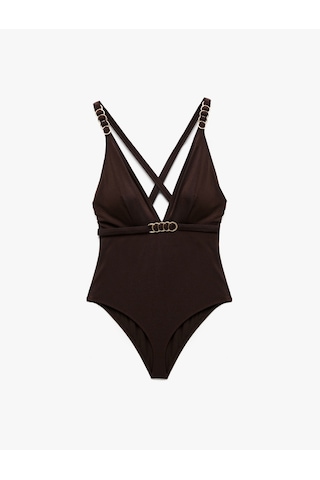 Koton Aksesuarlı Derin V Yaka Arkası Çapraz Askılı Mayo Kahverengi 5sak20044mm Kahve