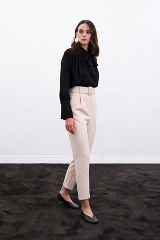 Sateen Kemerli Pantolon - Bej-136909 Bej