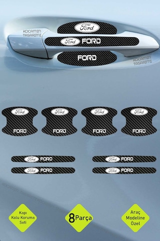 Karbon Kaplama Ford Universal Kapı Kolu Koruma Seti 8 Parça, Şık Beyaz Yazılı Folyo