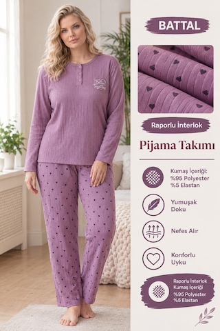 Boyraz Lindros Kadın Düğme Yaka Raporlu İnterlok Kışlık Battal Pijama Takımı 02788 - 1 Adet Mor