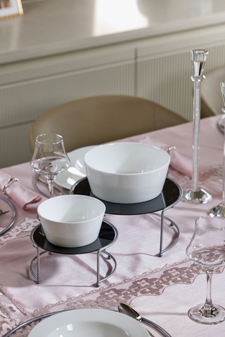 Edora Home Gümüş Ikili Büyük Boy Metal Sunumluk/ Siyah Pleksi Pasta Servis Seti - Paslanmaz