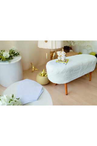 Retro Ceviz Renk Ahşap Ayaklı Geniş Oturum Alanlı Oval Bench Puf Krem Krem