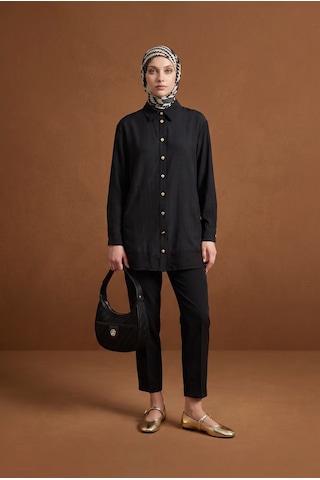 Armine Trend Gold Düğme Detaylı Klasik Yaka Uzun Tunik Rahat Kesim Şık Tesettür Tunik Modeli 89 Cm Boy Siyah 26yt471