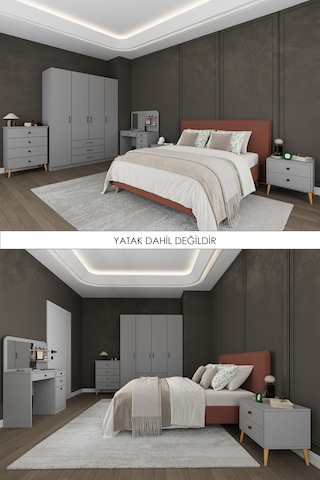 Asra Trend Yatak Odası Takımı 5 Parça %100 Mdf Gardırop Şifonyer Makyaj Masası Komodin Ytk03