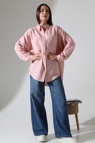 Yeni Sezon Poplin Kumaş Çift Cepli Oversize Pamuklu Kadın Tunik Gömlek Açık Pembe