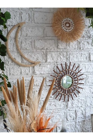 3'lü Set Rafya Deniz Kabuklu Model & Kahverengi Rattan Çubuk Ayna & Rafya Ay M073