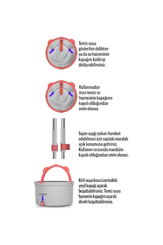 Pony Gri 4 Adet Mikrofiber Mop Temiz & Kirli Suyu Ayırma Özelliği Otomatik Temizlik Seti Paspas