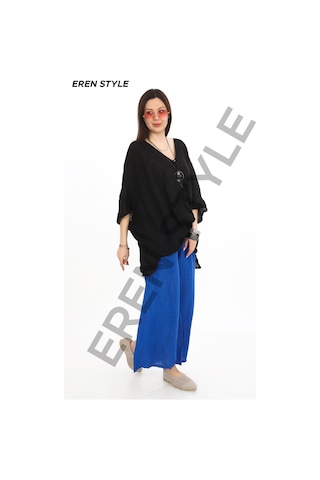 Bohem Kuruvaze Tek Düğmeli Keten Bluz-9884 Siyah