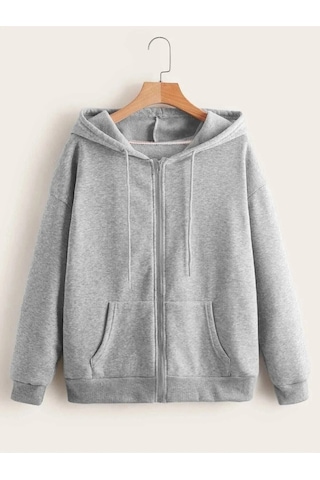 Kadın Oversize Gri Fermuarlı Hırka Sweatshirt Gri