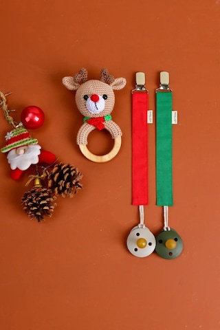 E&f Store Amigurumi Geyik Çıngırak Ve Emzik Askısı Yılbaşı Seti Çok Renkli