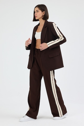 Diemmood Kadın Yan Şerit Detaylı Oversize Blazer Ceket & Palazzo Kahverengi Takım