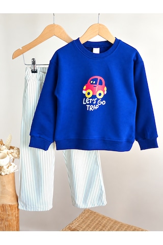 Elzo Collection Erkek Çocuk Ön Arka Araba Ve Yazı Baskılı Sweatshirt Çizgili Gabardin Denim Kot Alt Üst Takım Çok Renkli