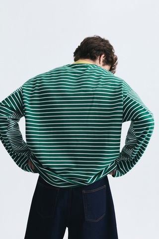 Vamos Kontrast Yaka Çizgili Sweatshirt Ekru-yeşil