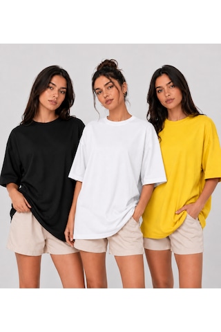 Polymood 3'lü Set Oversize %100 Organik Pamuk Yuvarlak Yakalı Bol Kesim T-shirt Siyah-beyaz-sarı