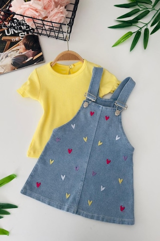 Miniğimin Cicileri Renkli Kalp İşleme Detaylı Kız Bebek Jile Takım Sarı